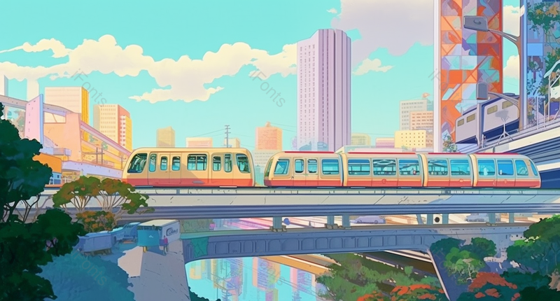 新中式插图城市里的高楼大厦房屋建筑列车动车驶过桥上上,插画/手绘图,插画/手绘图库,插画/手绘图下载,插画/手绘